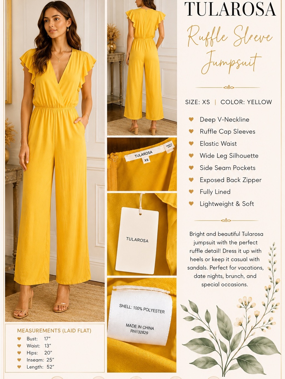 ✨ NWT Tularosa Yellow Satin Ruffle Sleeve Cropped Wide Leg Jumpsuit ✨ Sz XS